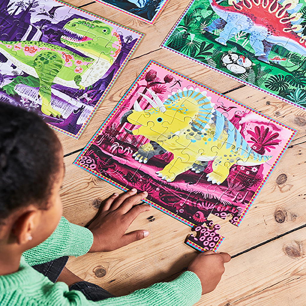 Eeboo 4 Pusselspel, Dinosaurier, Lyser i mörkret - Varje med 36 bitar