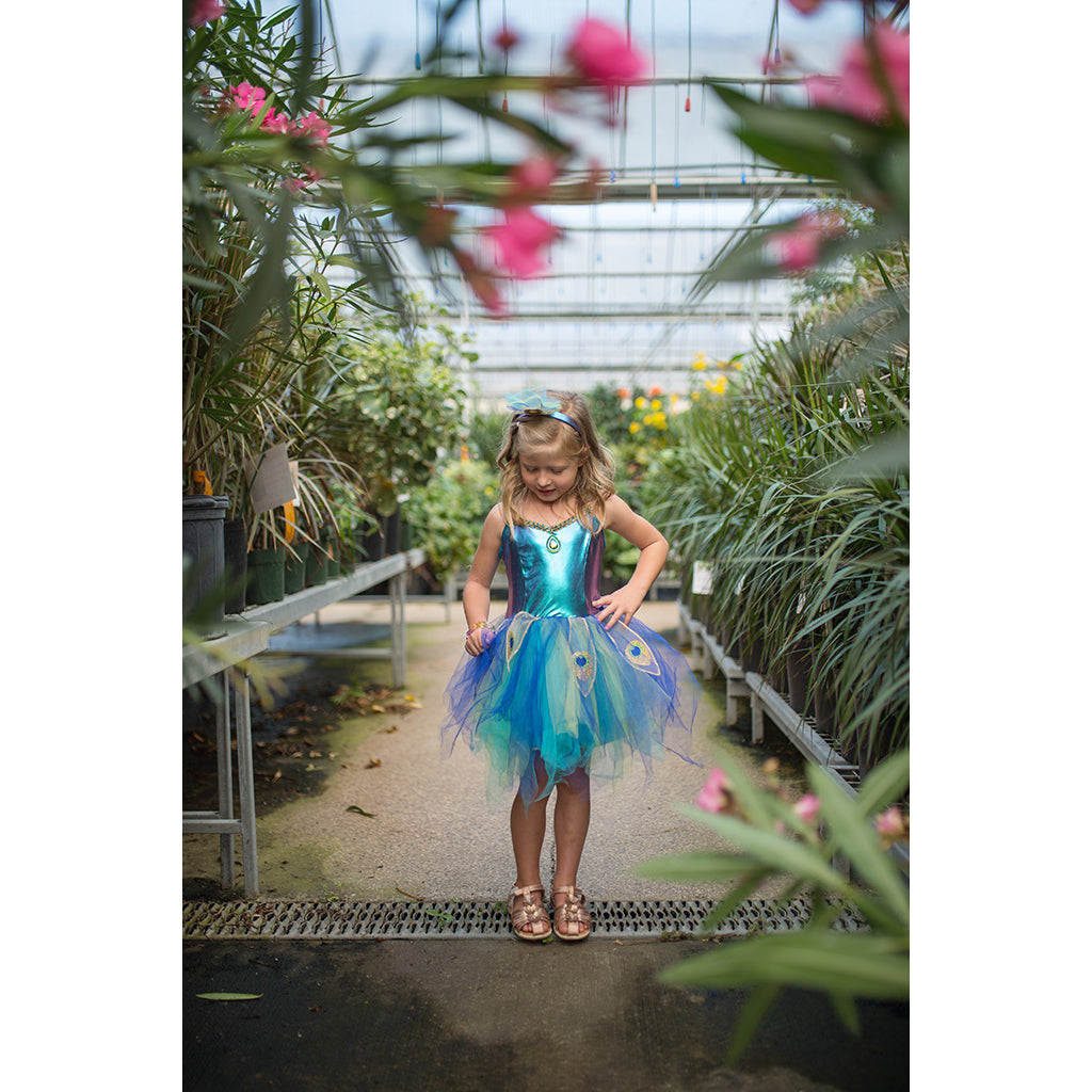 Great Pretenders utklädningskläder, Påfågel klänning och hårband - str. 4-6 år