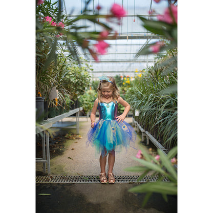 Great Pretenders utklädningskläder, Påfågel klänning och hårband - str. 4-6 år